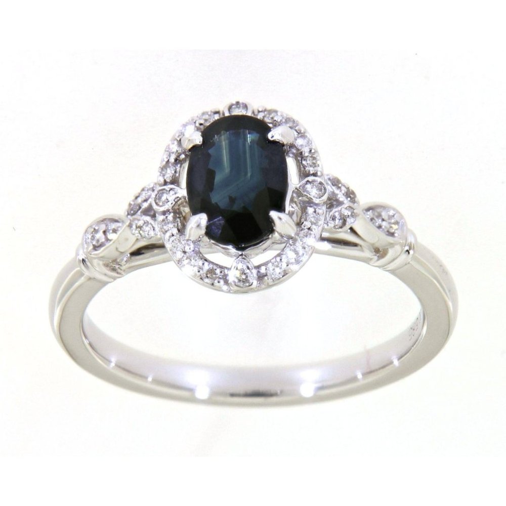Halo Diamond Blue Sapphire Oval Ring White Gold